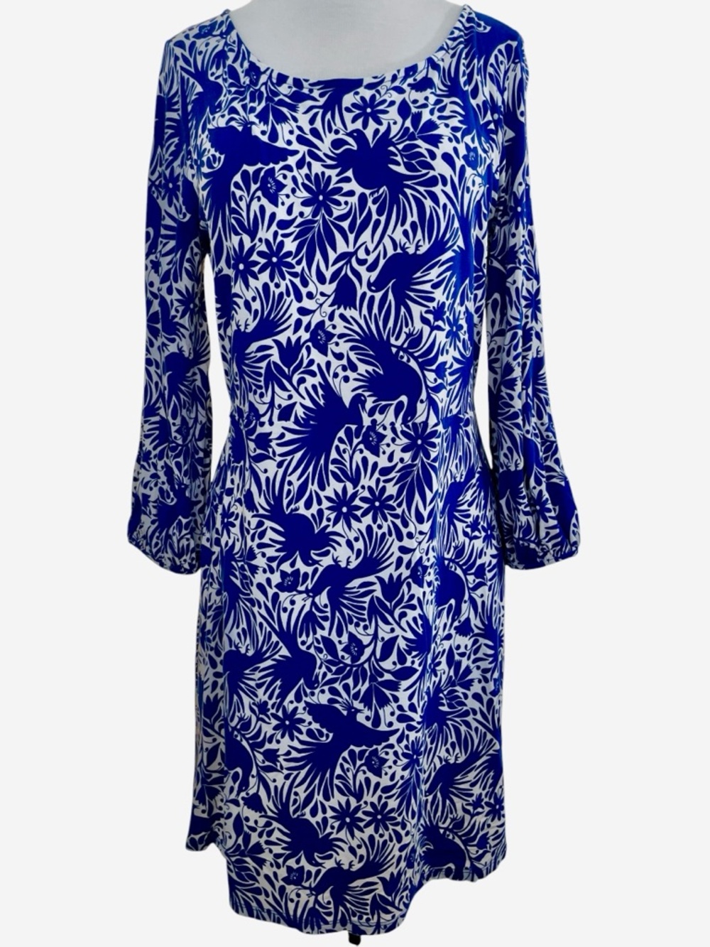 Boden Lucie Jersey Tunic Lapis Bird Ottomi Dress 3/4 Sleeve Elastic Size 12R